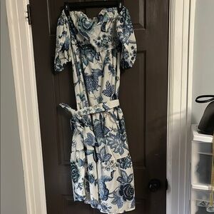 Chic Blue Floral Midi Off The Shoulder Dress